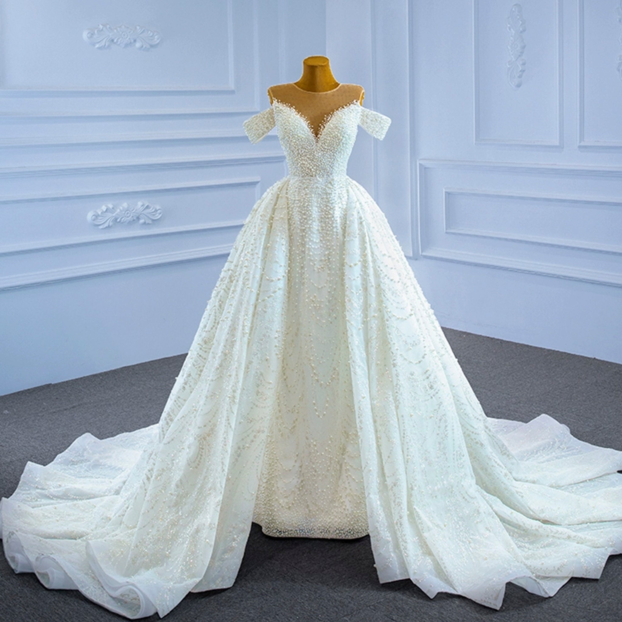 Custom Beaded Pearl High Neck Wedding Gown - Rosymae