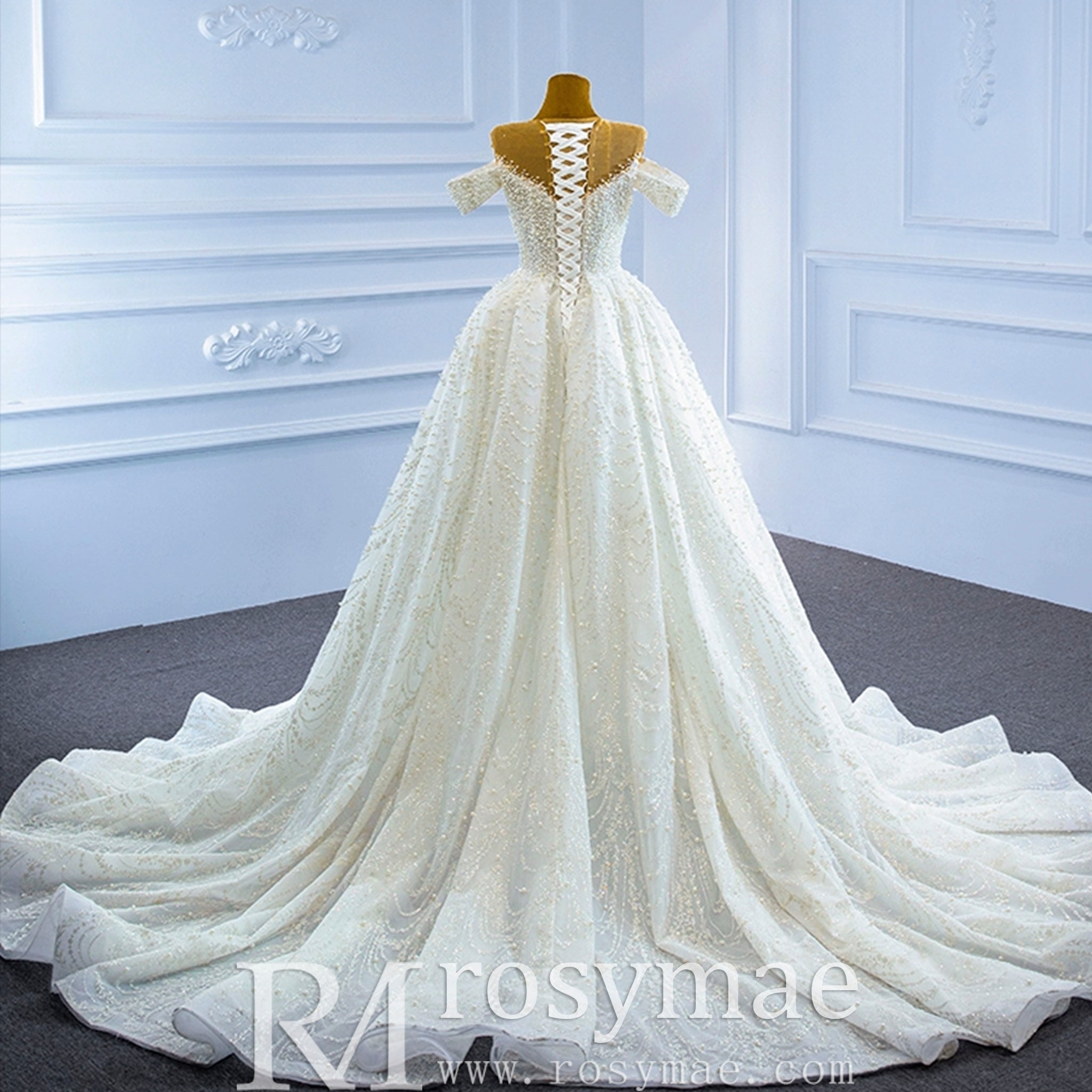 Custom Beaded Pearl High Neck Wedding Gown - Rosymae