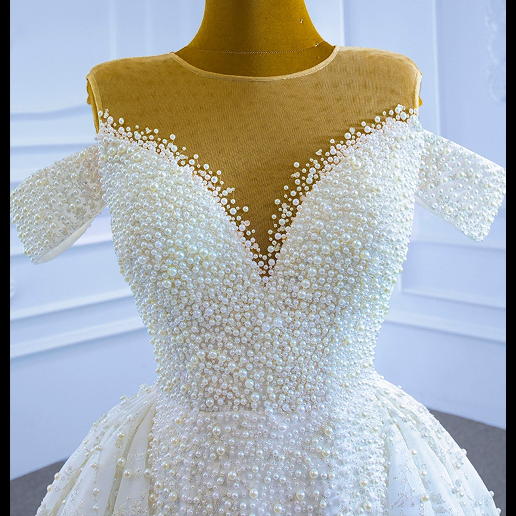 Custom Beaded Pearl High Neck Wedding Gown - Rosymae