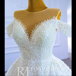 Custom Beaded Pearl High Neck Wedding Gown - Rosymae
