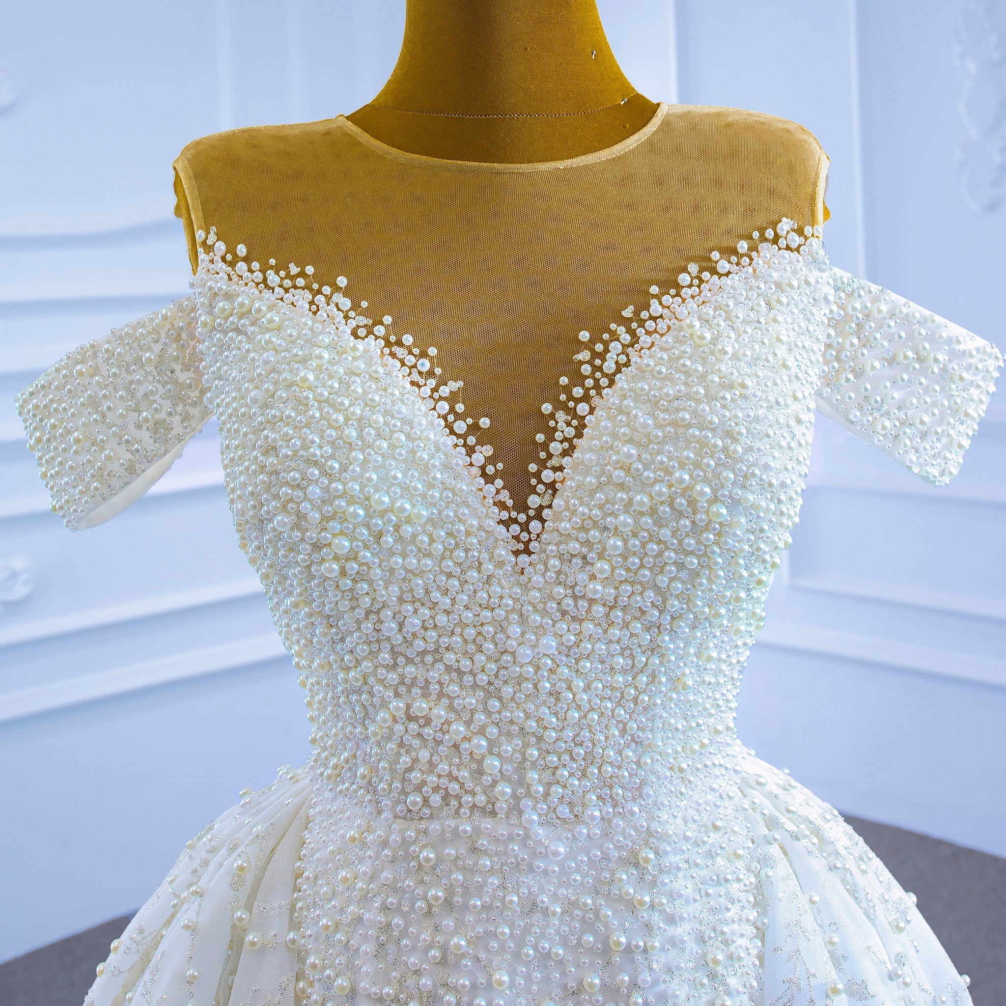 Custom Beaded Pearl High Neck Wedding Gown - Rosymae
