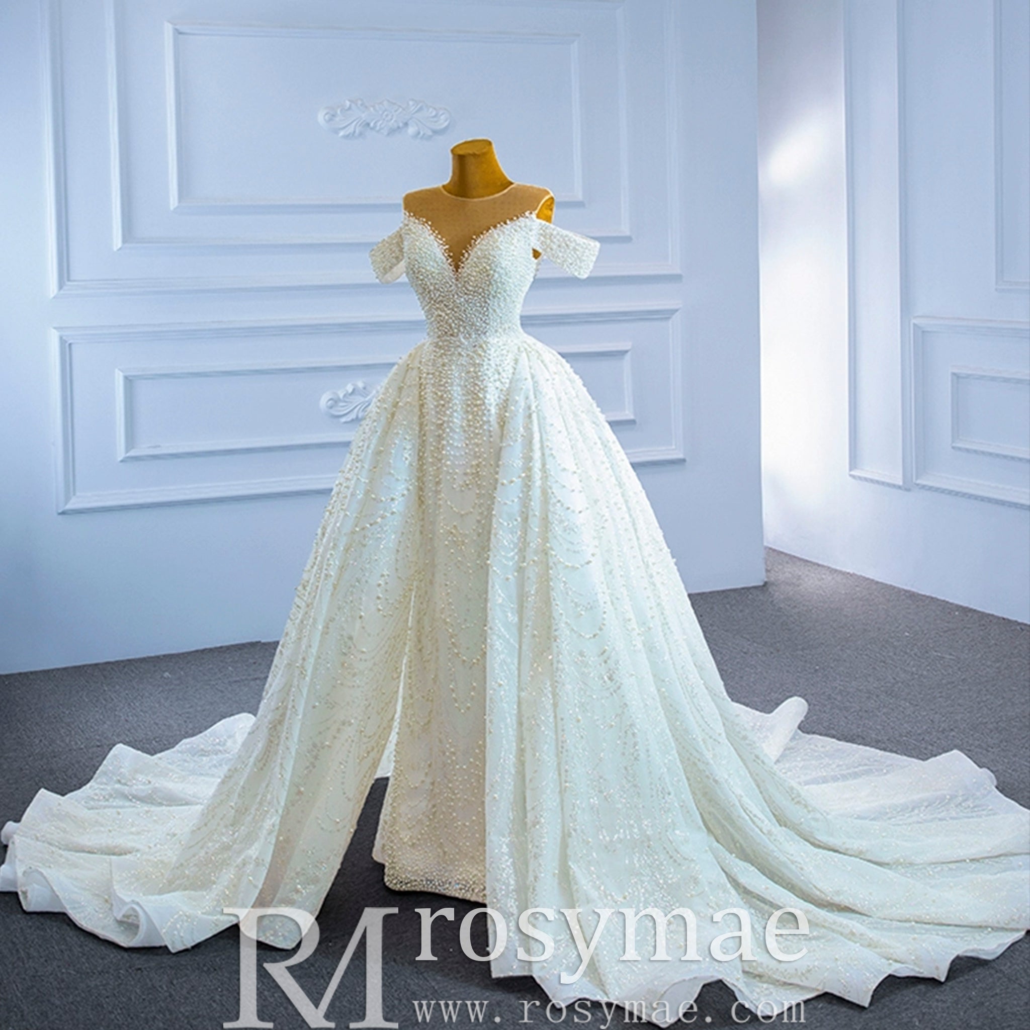 Custom Beaded Pearl High Neck Wedding Gown - Rosymae