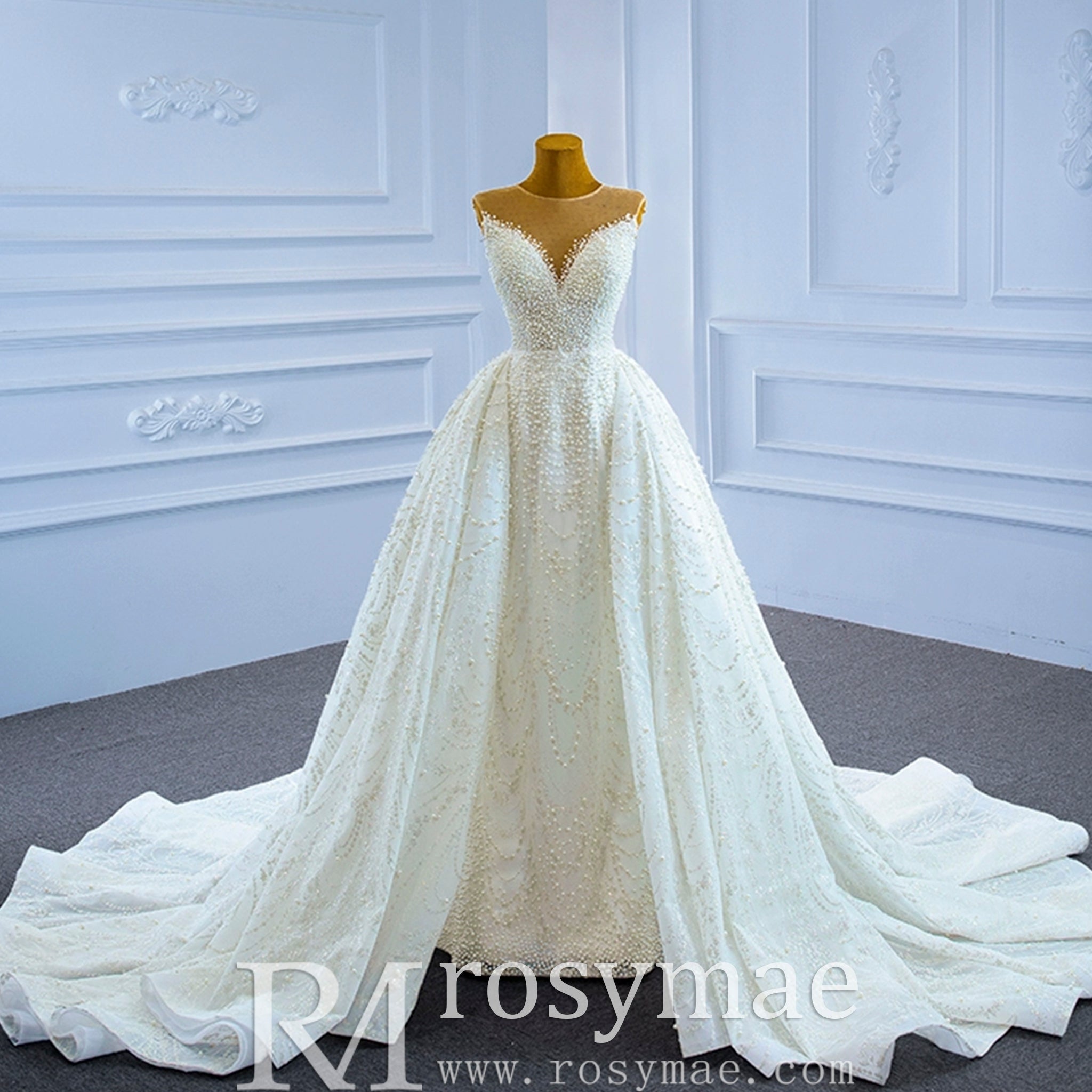 Custom Beaded Pearl High Neck Wedding Gown - Rosymae