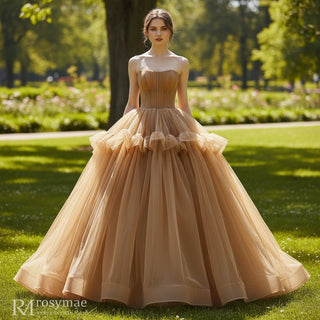 Deep Champagne Tulle Evening Dress Party Gown with Puffy Skirt - Rosymae