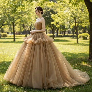 Deep Champagne Tulle Evening Dress Party Gown with Puffy Skirt - Rosymae