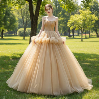 Deep Champagne Tulle Evening Dress Party Gown with Puffy Skirt - Rosymae