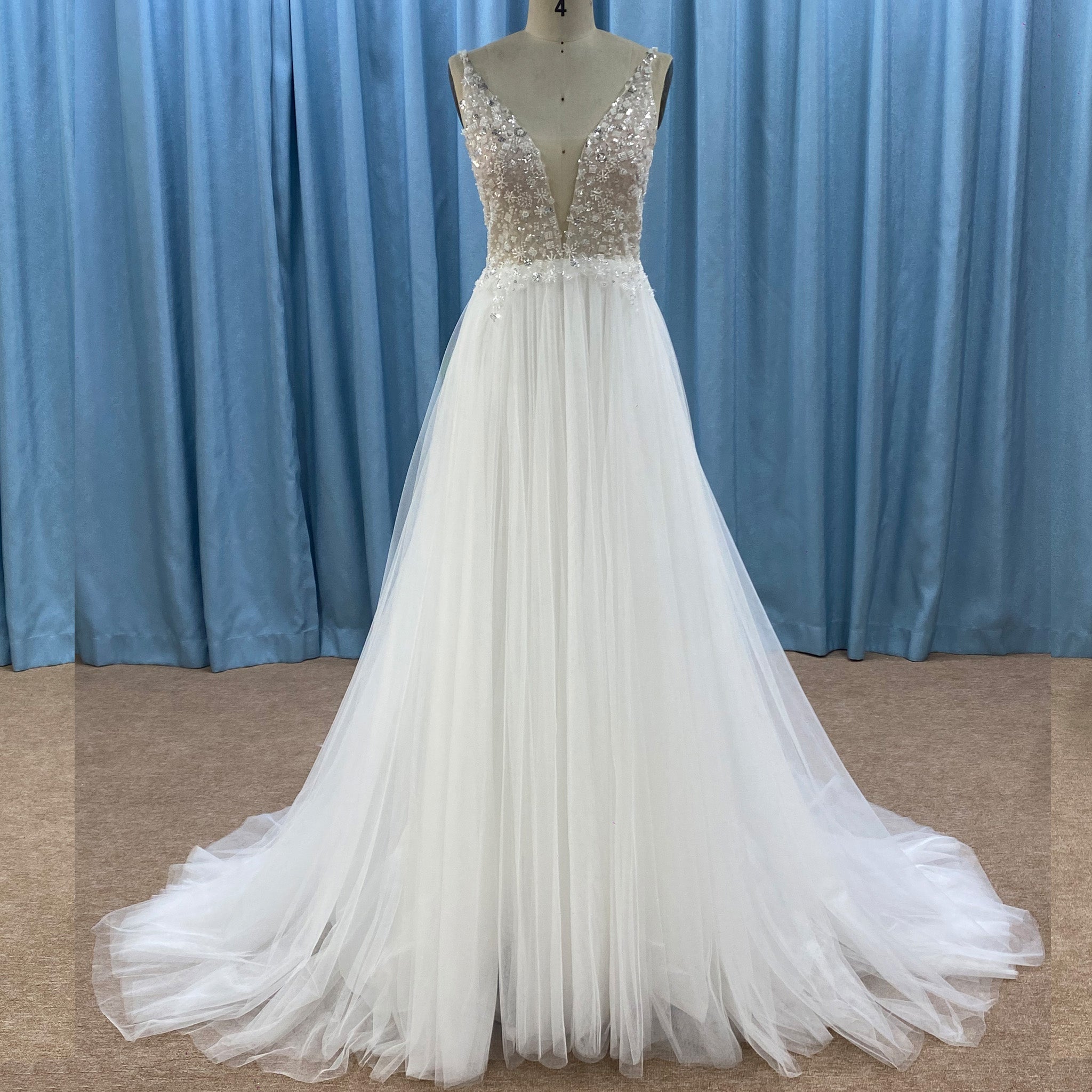 Deep Plunge A-line Wedding Dress Beaded Crystals with Tank Sleeve - Rosymae