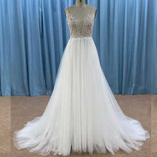 Deep Plunge A-line Wedding Dress Beaded Crystals with Tank Sleeve - Rosymae