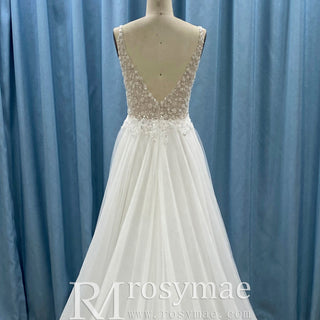 Deep Plunge A-line Wedding Dress Beaded Crystals with Tank Sleeve - Rosymae