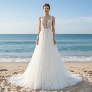 Deep Plunge A-line Wedding Dress Beaded Crystals with Tank Sleeve - Rosymae