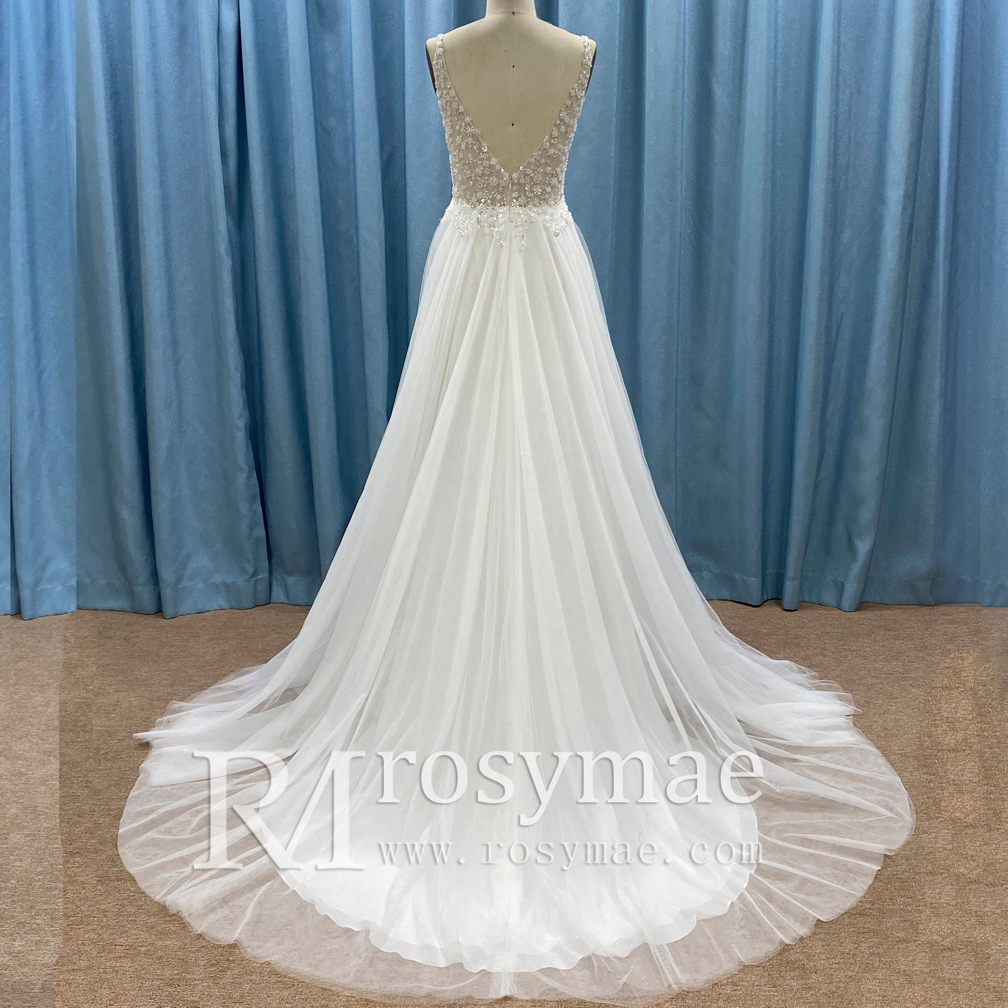 Deep Plunge A-line Wedding Dress Beaded Crystals with Tank Sleeve - Rosymae