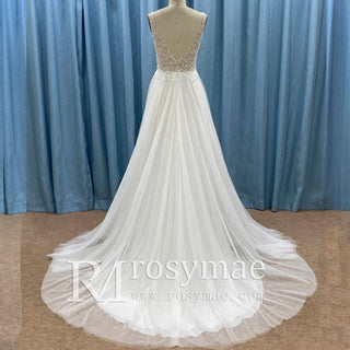 Deep Plunge A-line Wedding Dress Beaded Crystals with Tank Sleeve - Rosymae