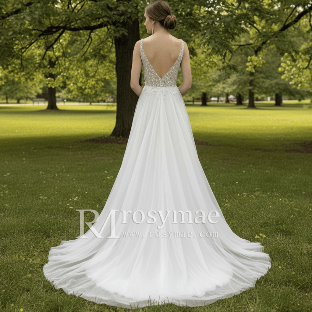 Deep Plunge A-line Wedding Dress Beaded Crystals with Tank Sleeve - Rosymae