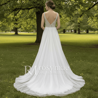 Deep Plunge A-line Wedding Dress Beaded Crystals with Tank Sleeve - Rosymae