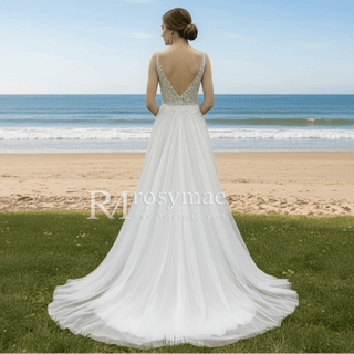 Deep Plunge A-line Wedding Dress Beaded Crystals with Tank Sleeve - Rosymae