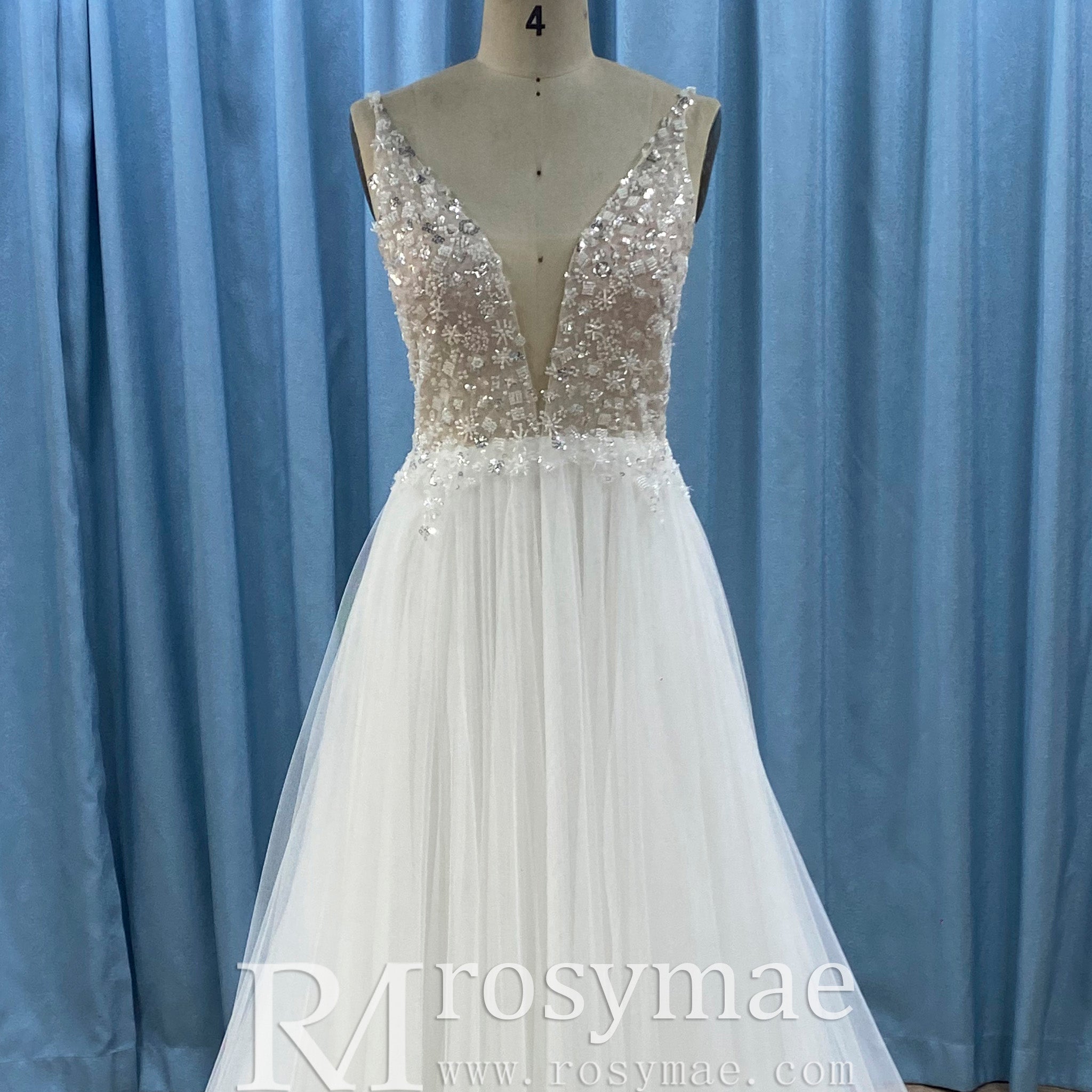 Deep Plunge A-line Wedding Dress Beaded Crystals with Tank Sleeve - Rosymae