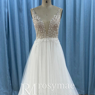Deep Plunge A-line Wedding Dress Beaded Crystals with Tank Sleeve - Rosymae