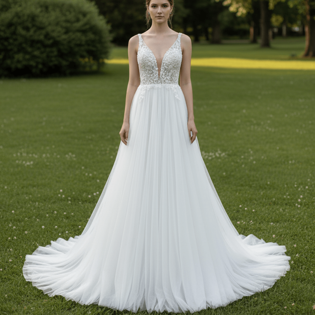 Deep Plunge A-line Wedding Dress Beaded Crystals with Tank Sleeve - Rosymae