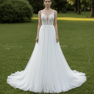 Deep Plunge A-line Wedding Dress Beaded Crystals with Tank Sleeve - Rosymae