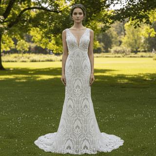 Deep Plunge Vneck Fit and Flare Lace Wedding Dress with Tank Top - Rosymae