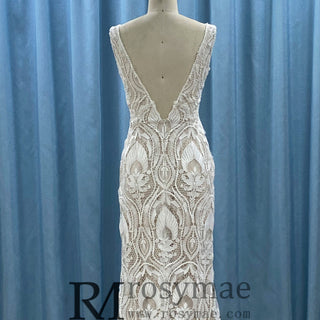 Deep Plunge Vneck Fit and Flare Lace Wedding Dress with Tank Top - Rosymae