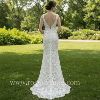 Deep Plunge Vneck Fit and Flare Lace Wedding Dress with Tank Top - Rosymae
