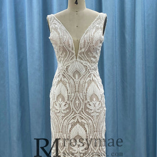 Deep Plunge Vneck Fit and Flare Lace Wedding Dress with Tank Top - Rosymae