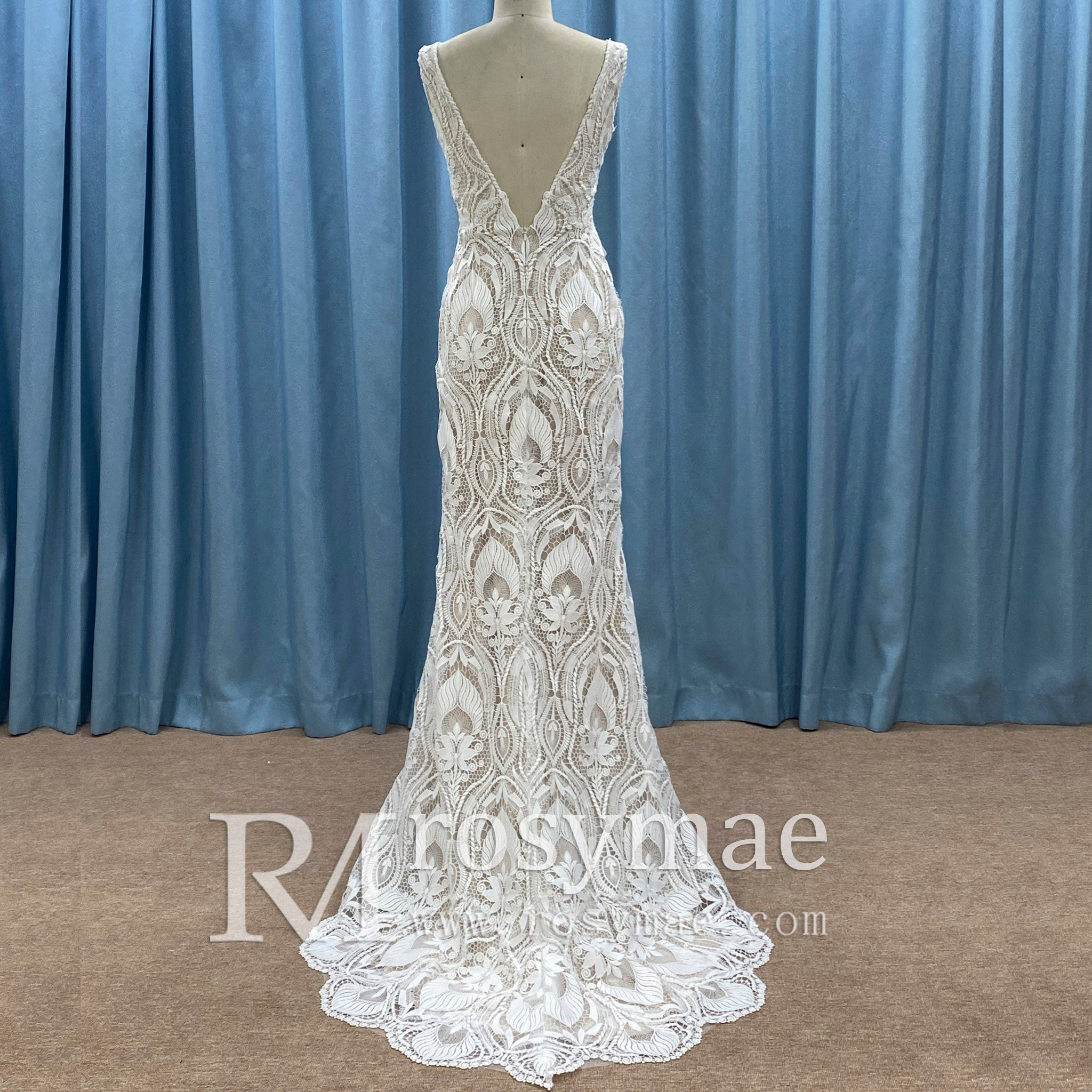 Deep Plunge Vneck Fit and Flare Lace Wedding Dress with Tank Top - Rosymae