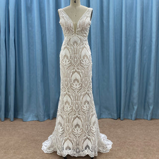 Deep Plunge Vneck Fit and Flare Lace Wedding Dress with Tank Top - Rosymae