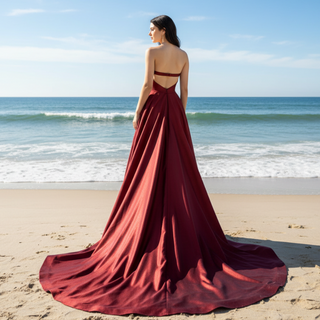 Strapless Open Back Red Bridesmaid Dress with Vneck