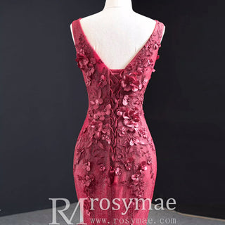 Deep V 3D Floral Burgundy Trumpet Evening Dress Prom Gown - Rosymae