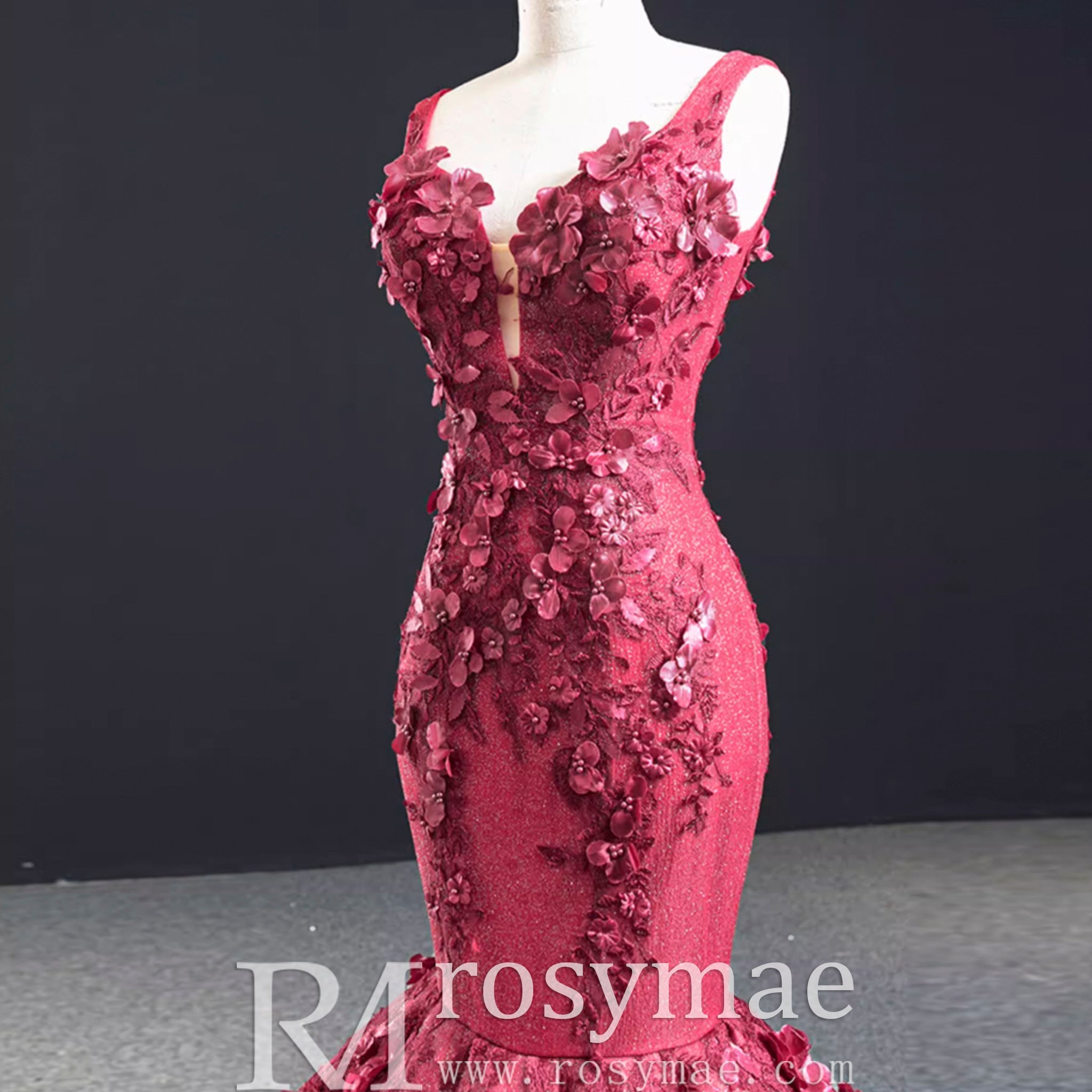 Deep V 3D Floral Burgundy Trumpet Evening Dress Prom Gown - Rosymae