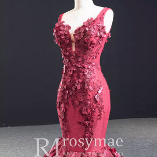 Deep V 3D Floral Burgundy Trumpet Evening Dress Prom Gown - Rosymae