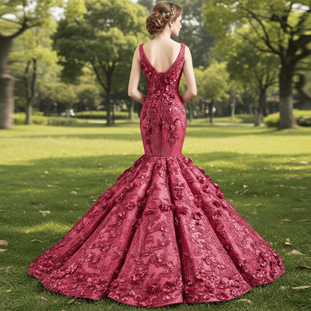 Deep V 3D Floral Burgundy Trumpet Evening Dress Prom Gown - Rosymae