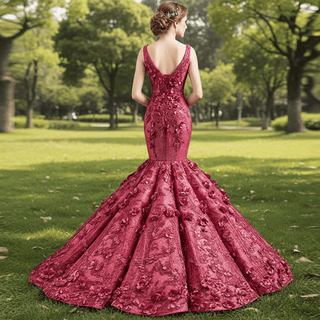 Deep V 3D Floral Burgundy Trumpet Evening Dress Prom Gown - Rosymae