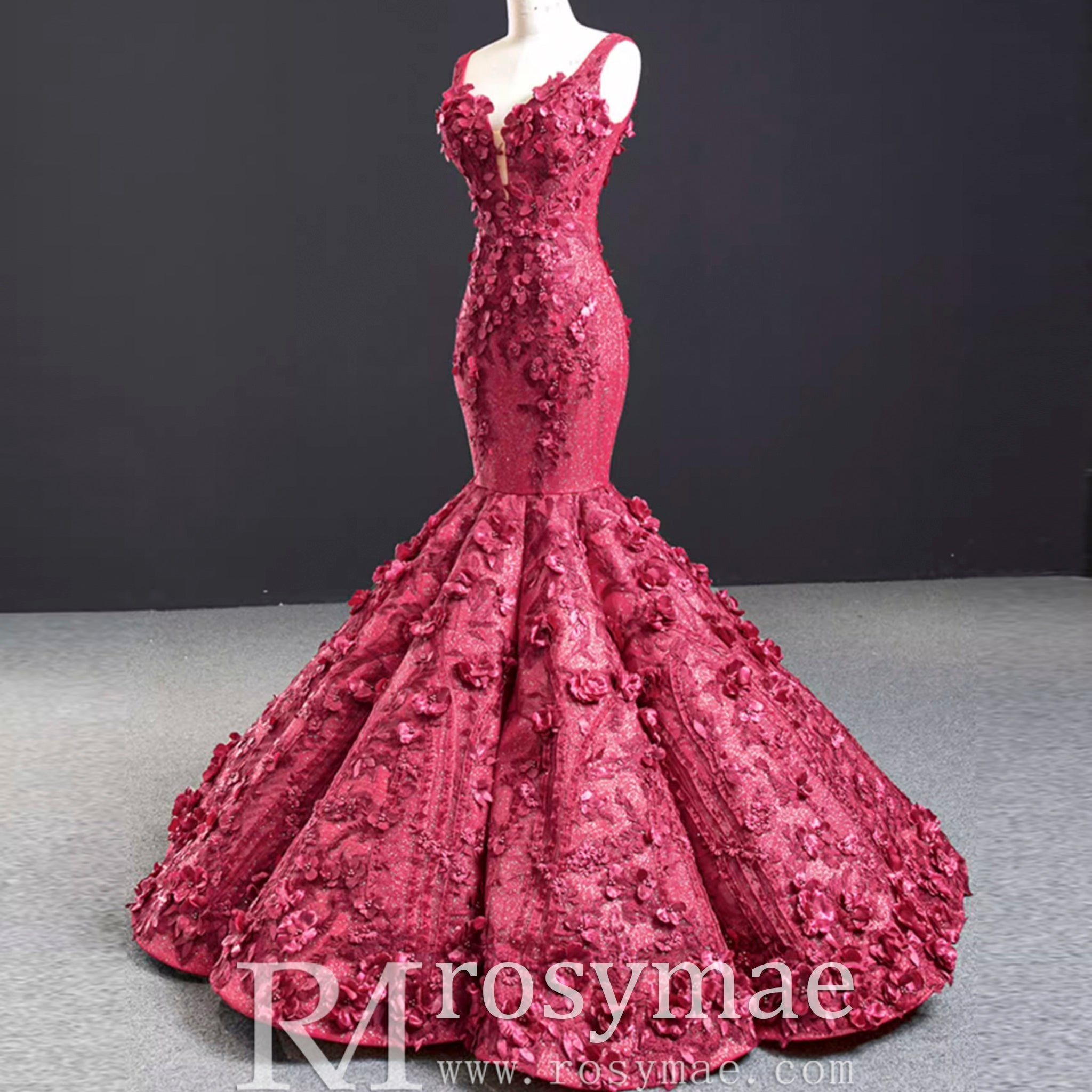 Deep V 3D Floral Burgundy Trumpet Evening Dress Prom Gown - Rosymae