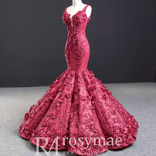 Deep V 3D Floral Burgundy Trumpet Evening Dress Prom Gown - Rosymae
