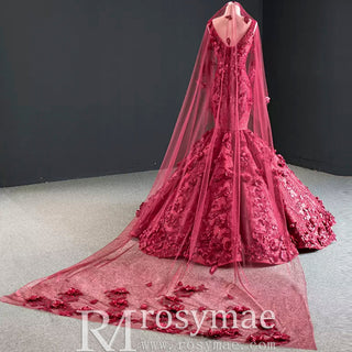 Deep V 3D Floral Burgundy Trumpet Evening Dress Prom Gown - Rosymae