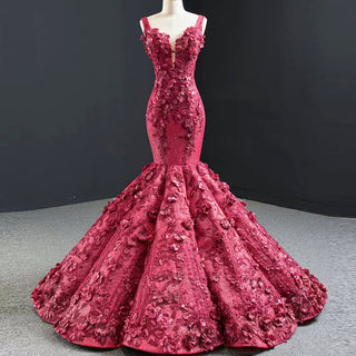 Deep V 3D Floral Burgundy Trumpet Evening Dress Prom Gown - Rosymae