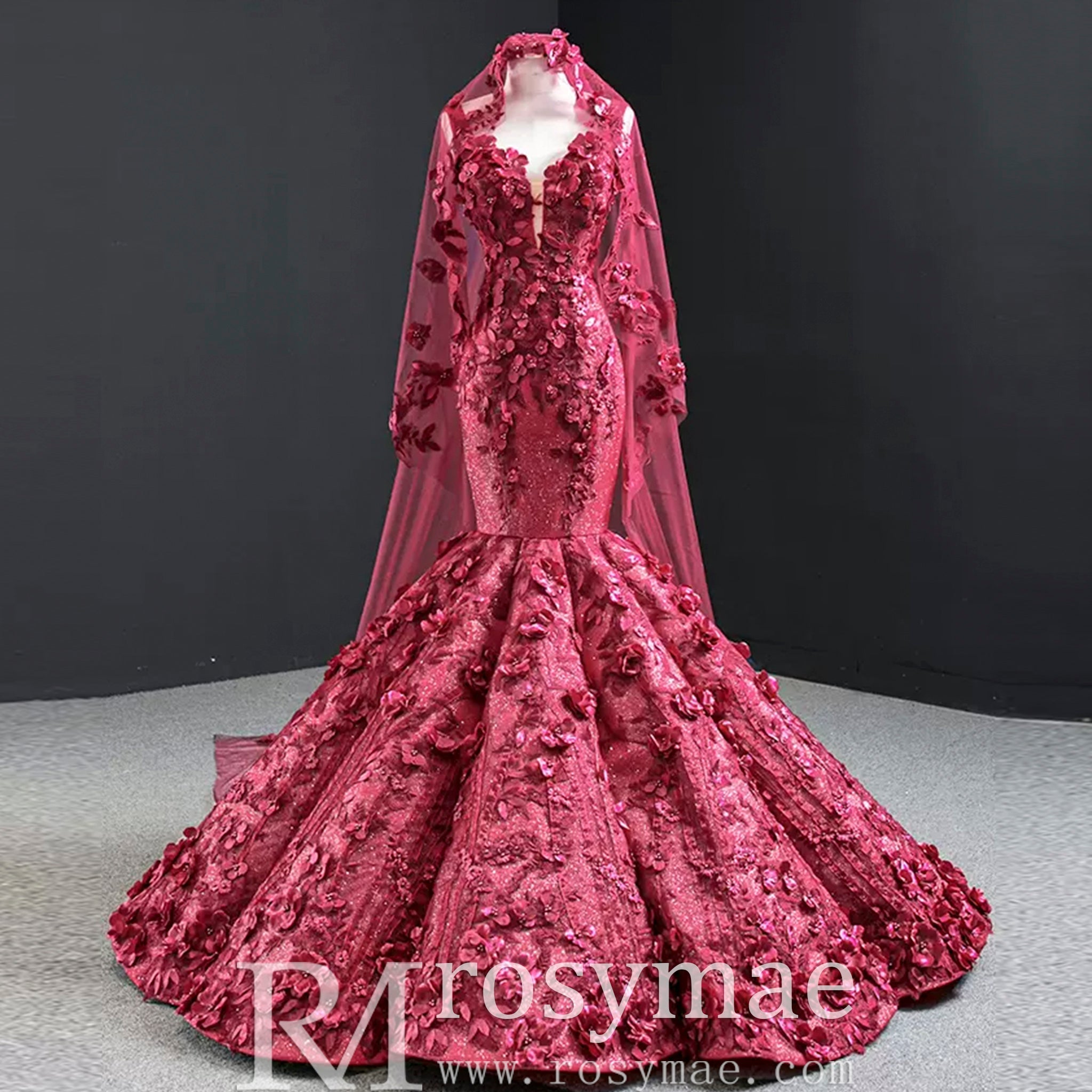 Deep V 3D Floral Burgundy Trumpet Evening Dress Prom Gown - Rosymae