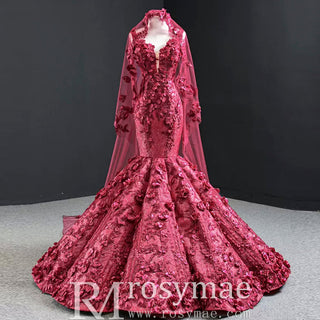 Deep V 3D Floral Burgundy Trumpet Evening Dress Prom Gown - Rosymae