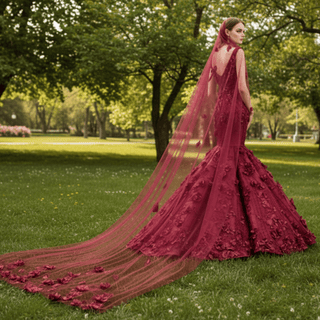 Deep V 3D Floral Burgundy Trumpet Evening Dress Prom Gown - Rosymae