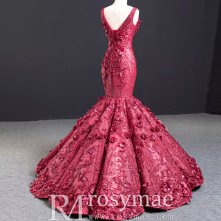 Deep V 3D Floral Burgundy Trumpet Evening Dress Prom Gown - Rosymae