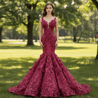 Deep V 3D Floral Burgundy Trumpet Evening Dress Prom Gown - Rosymae