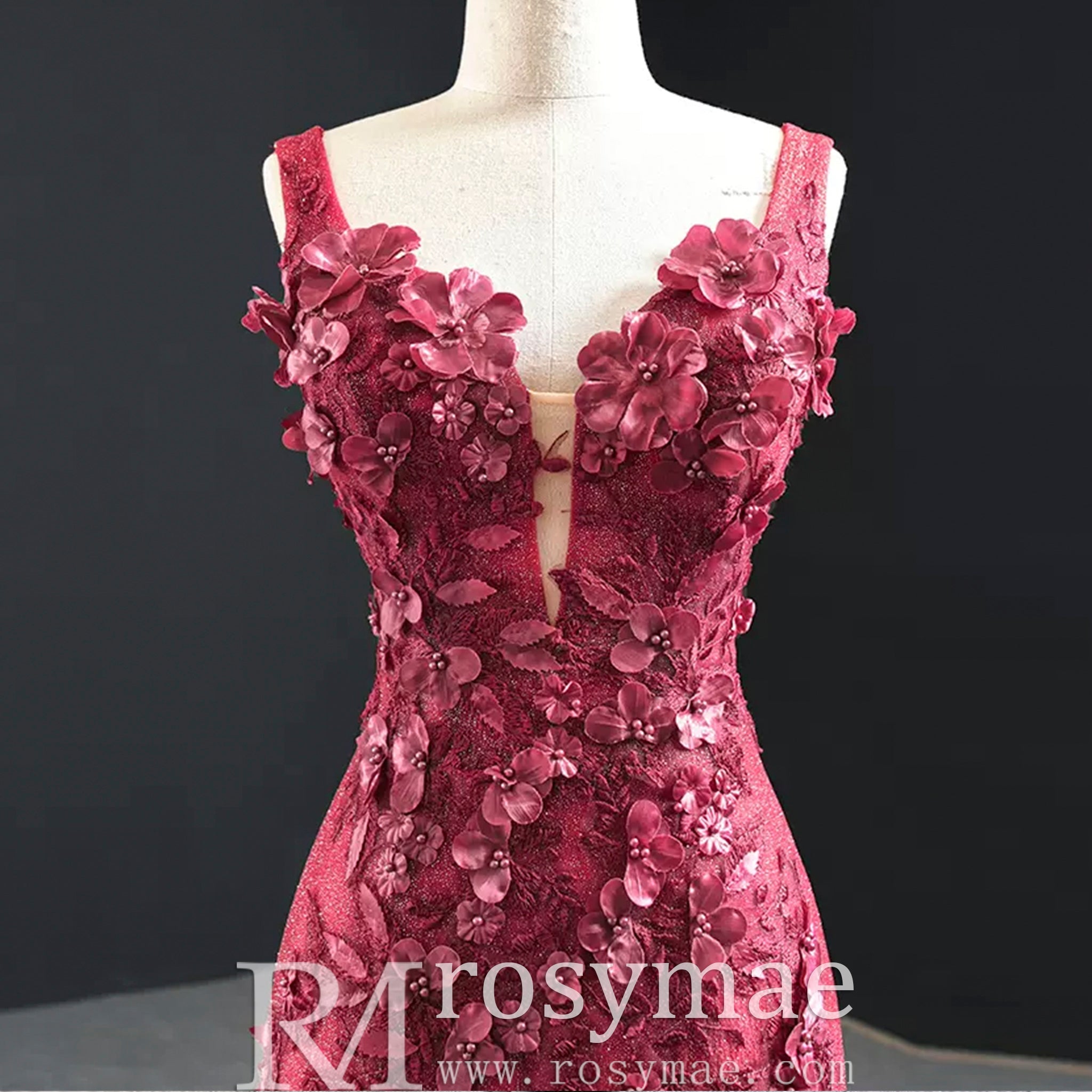 Deep V 3D Floral Burgundy Trumpet Evening Dress Prom Gown - Rosymae