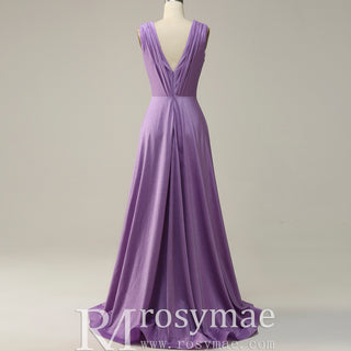Elegant Purple V-Neck Bridesmaid Dresses with V Back for Wedding