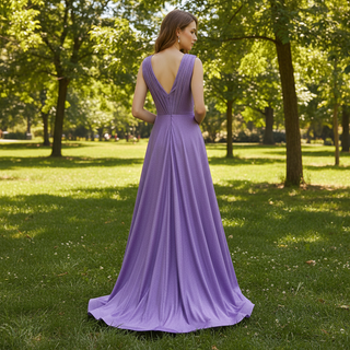 Elegant Purple V-Neck Bridesmaid Dresses with V Back for Wedding