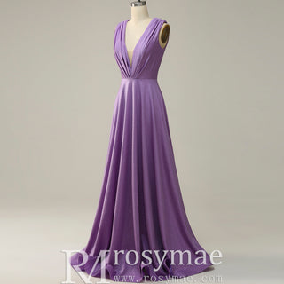 Elegant Purple V-Neck Bridesmaid Dresses with V Back for Wedding