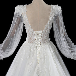 Deep V-Neck A-Line Puff Bishop Sleeves Wedding Dress with 3D Floral Lace Appliqués - Rosymae