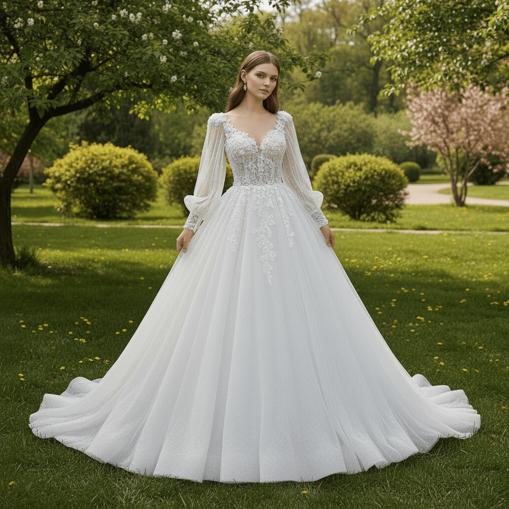Deep V-Neck A-Line Puff Bishop Sleeves Wedding Dress with 3D Floral Lace Appliqués - Rosymae